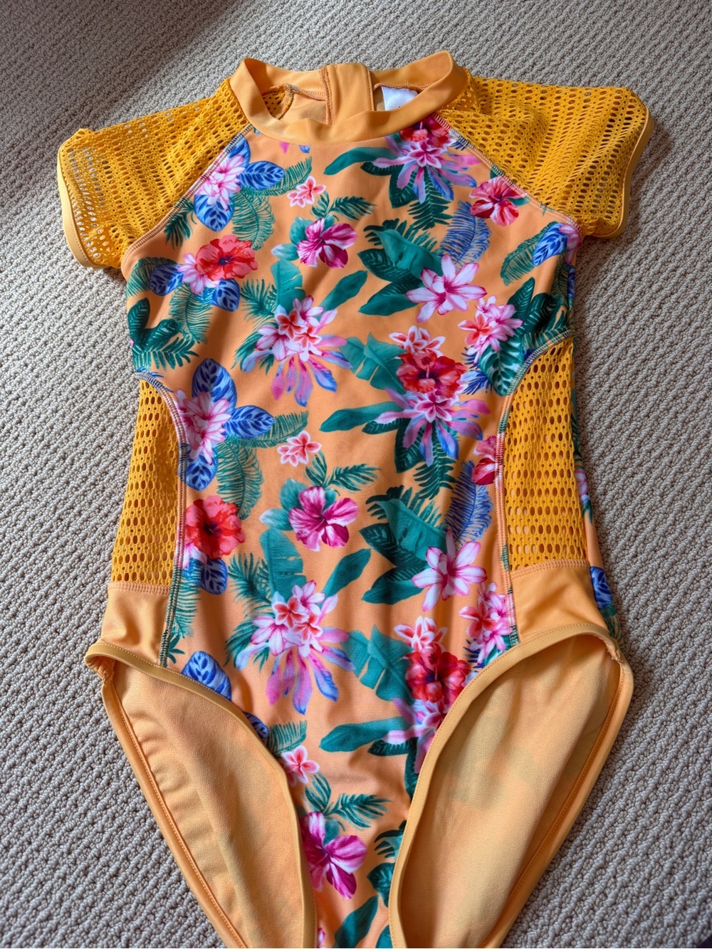 Girls Tropical Floral One-Piece Swimsuit in Sunny Orange